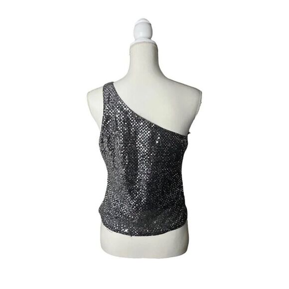 Vintage 90s American Cruiser Silver & Black Sequin Metallic One Shoulder Top M/L - Picture 5 of 6